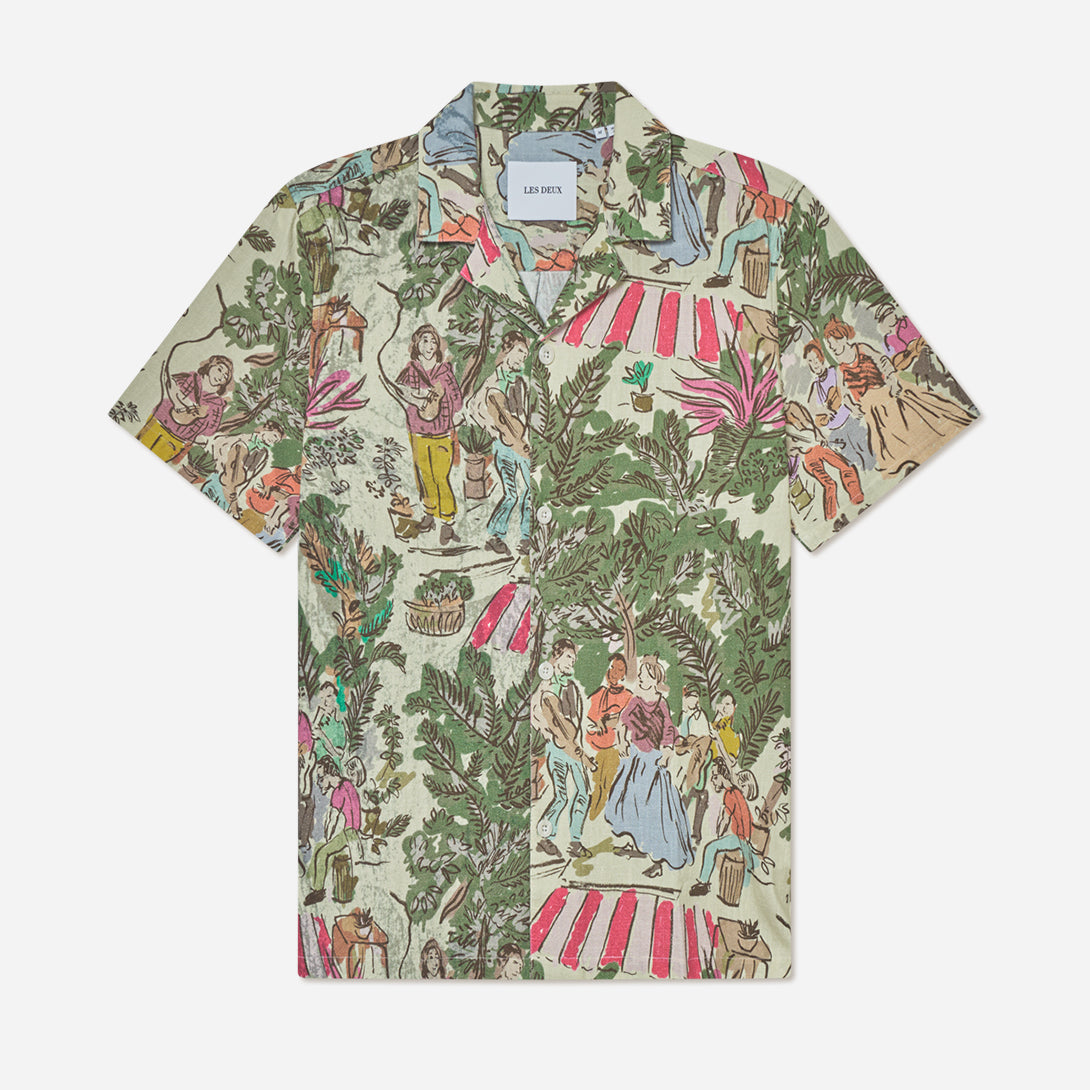 Oil Green Lukas AOP Dancing SS Shirt Les Deux Camp Collar Print Shirt