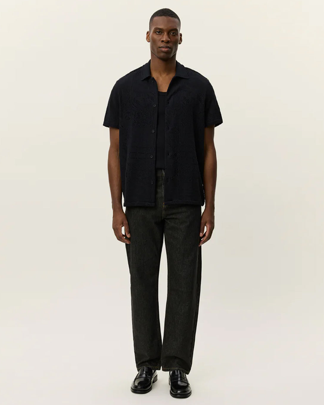 Black Hector Lace SS Shirt Mens Collared Short Sleeve Shirt Les Deux