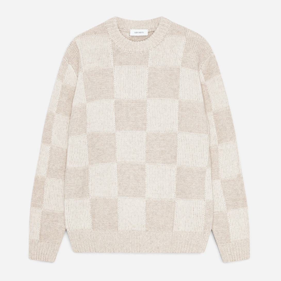 Eggnog White Check Knit Mens Checkered Knit Sweater Pullover Les Deux