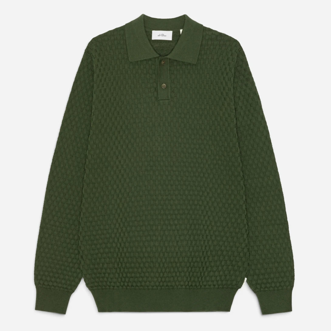 Rifle Green Check Structure Knitted LS Polo Mens Knit Polo Les Deux
