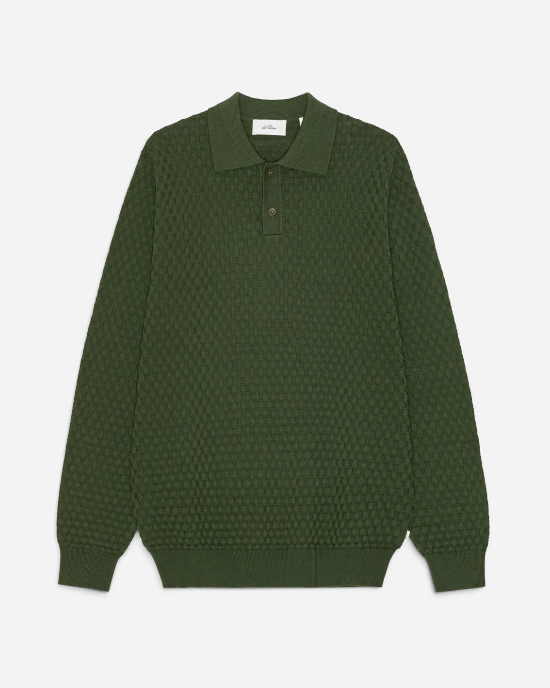 Rifle Green Check Structure Knitted LS Polo Mens Knit Polo Les Deux