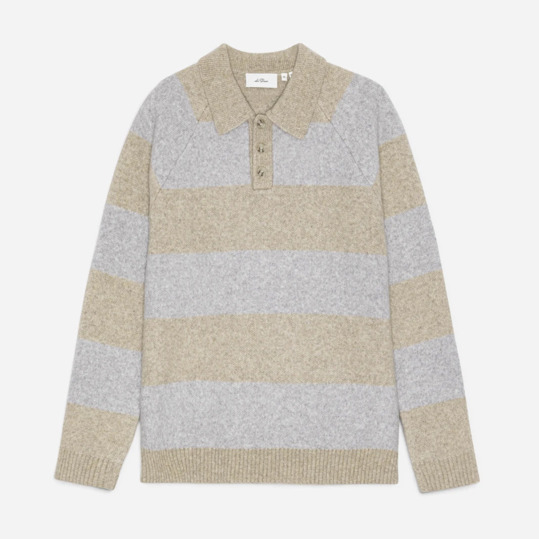 Light Sand Melange Striped Melange Knitted Polo Mens Long Sleeve Polo Les Deux