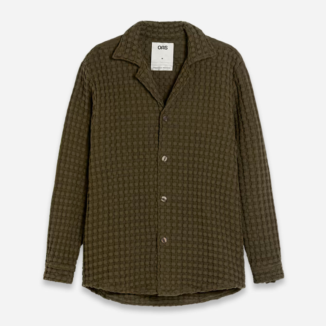 Olive Turtle Waffle Cuba Long Sleeve Mens Waffle Knit Camp Collar Shirt OAS