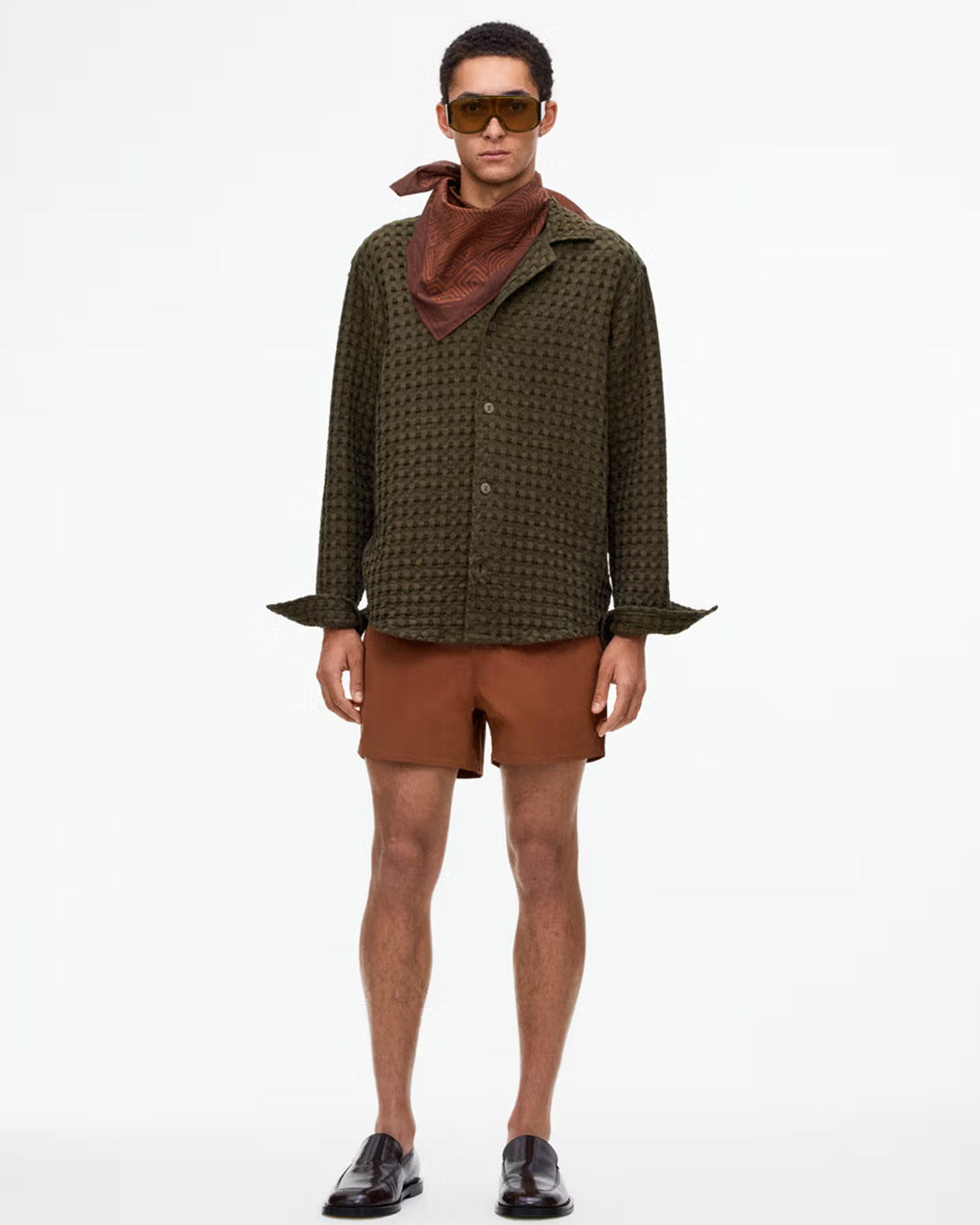 Olive Turtle Waffle Cuba Long Sleeve Mens Waffle Knit Camp Collar Shirt OAS