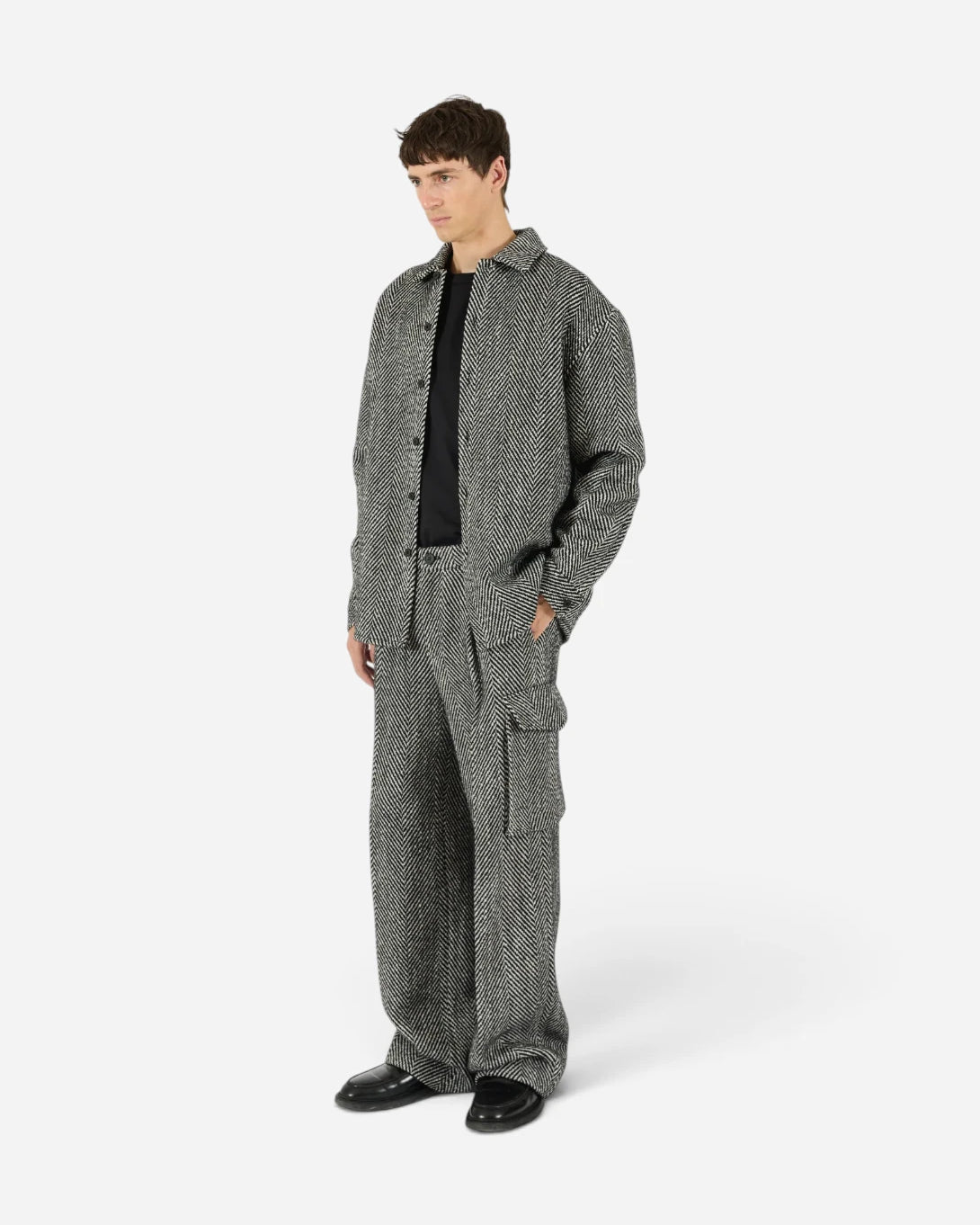 Black Eco Herringbone Over Shirt Mens Relaxed Overshirt Krost Clothing