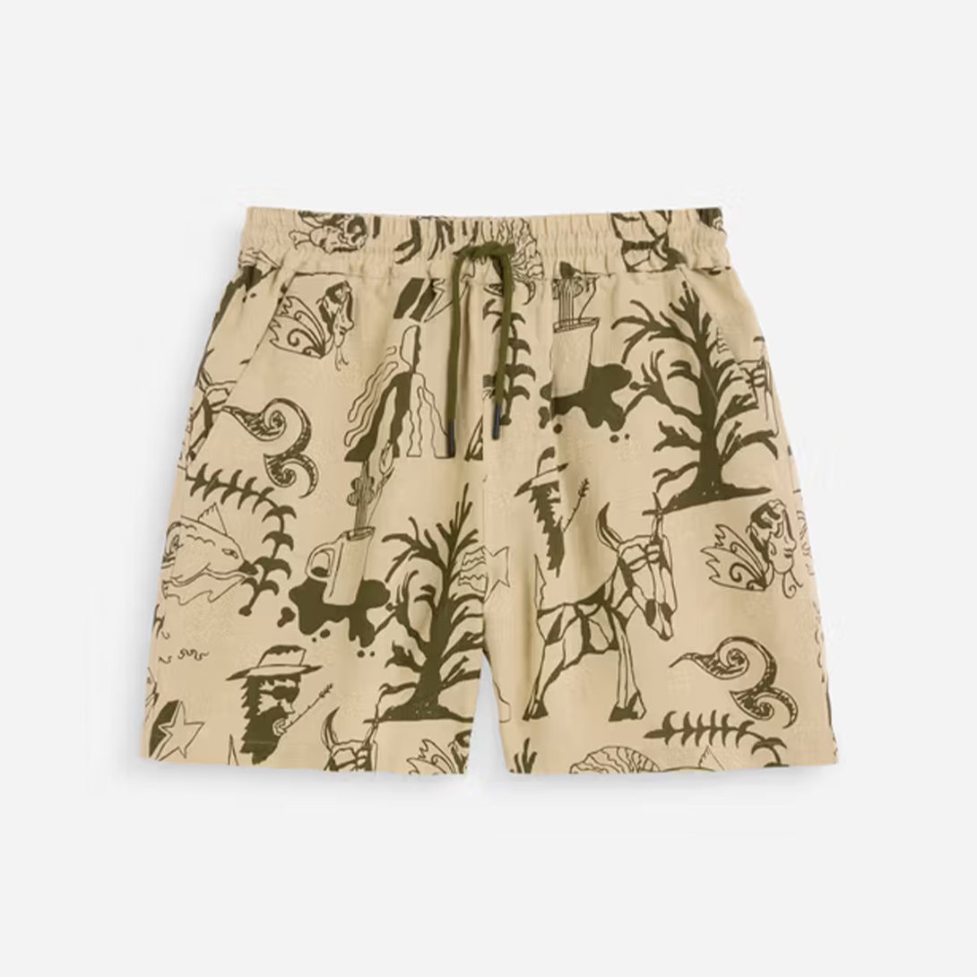 Beige Porto Shorts Mens Linen Pattern Shorts Drawstring OAS