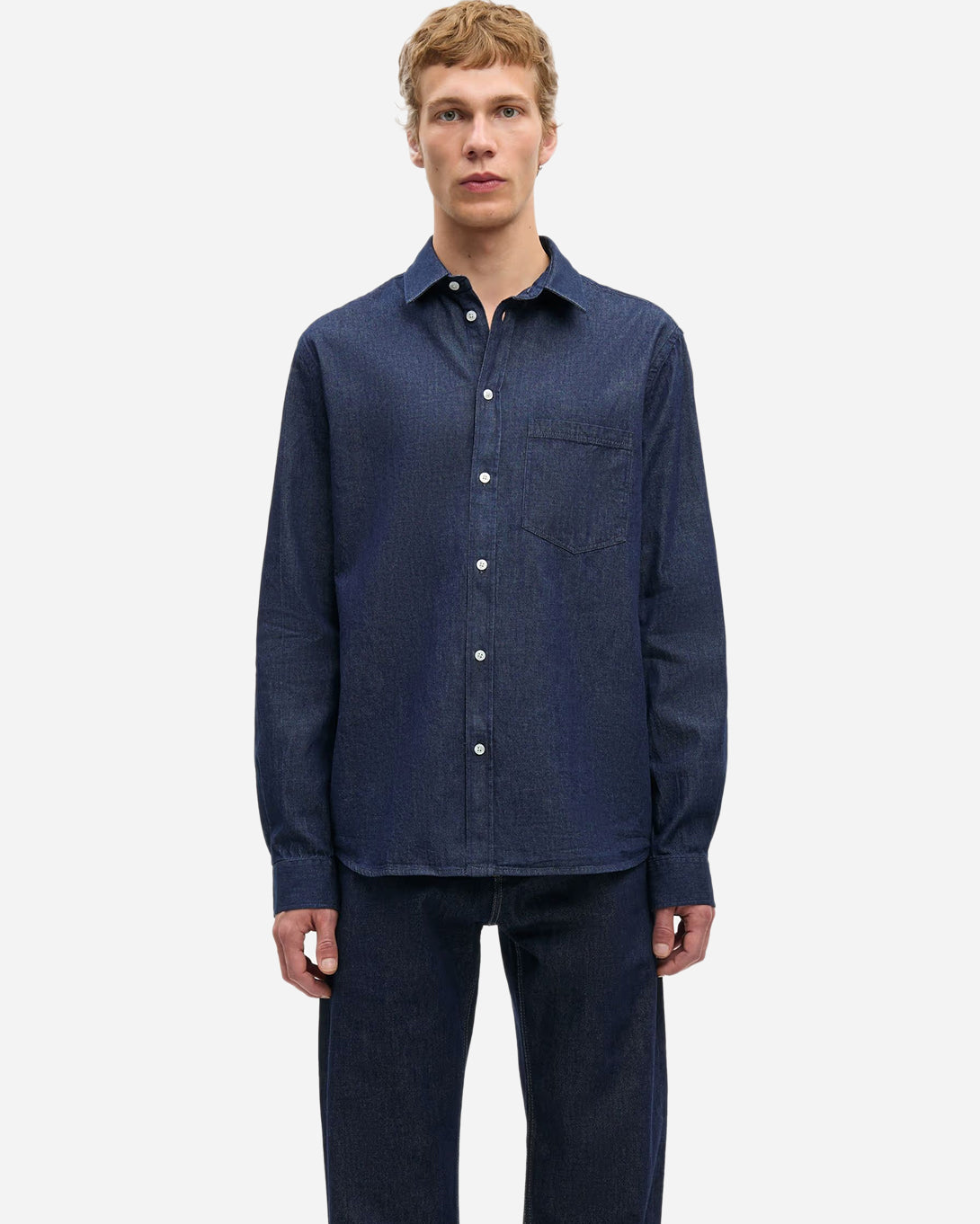 Salute Saryan P Shirt Mens Button Up Collared Indigo Denim Shirt Samsoe Samsoe