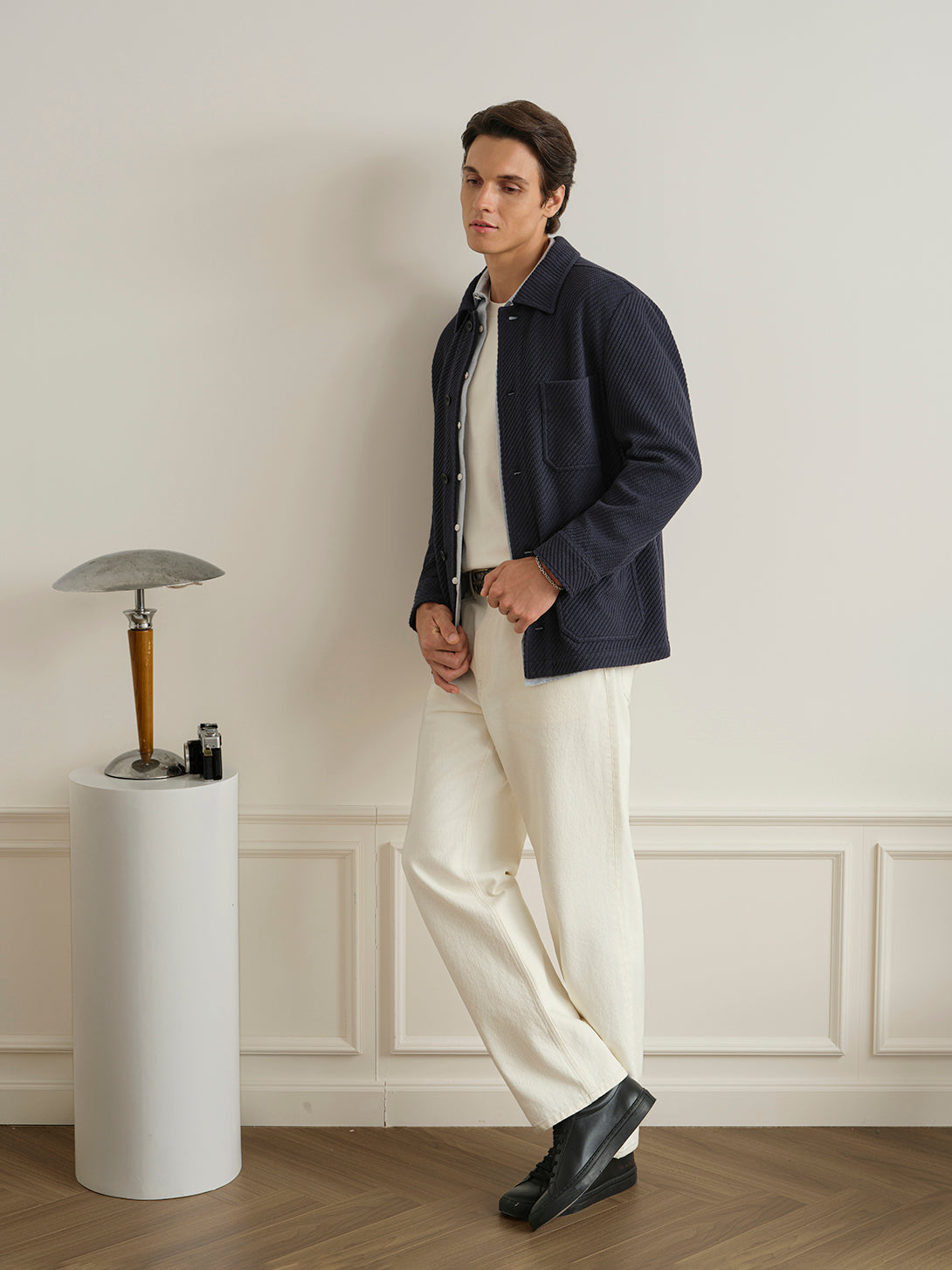 Navy Remi Rattan Texture Jacket Mens Layering Light Jacket Collared Button Up ONS Clothing