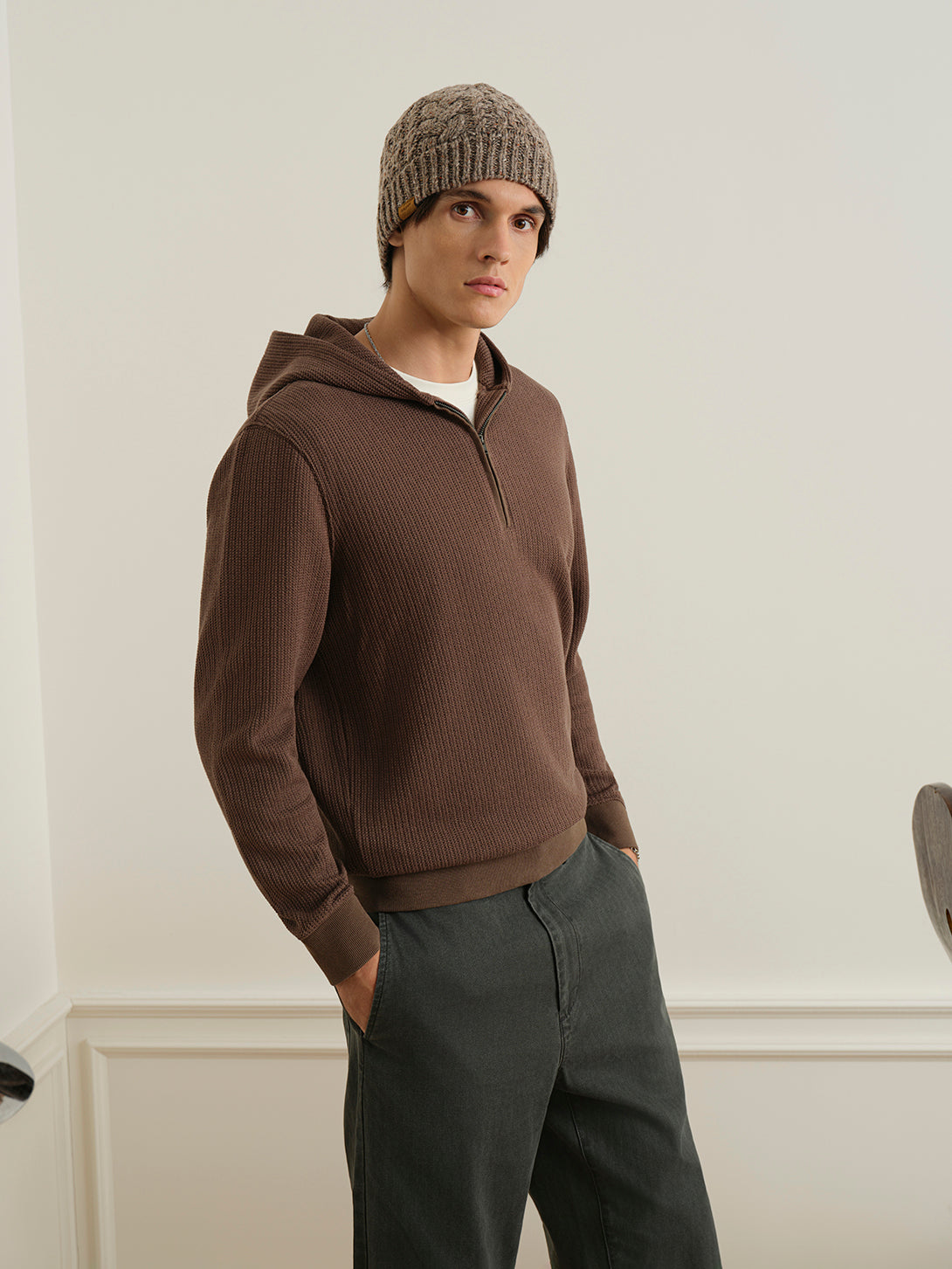 Dk Brown Deon Crochet Hoodie Sweatshirt Mens Quarter Zip Hooded Sweatshirt ONS Clothing