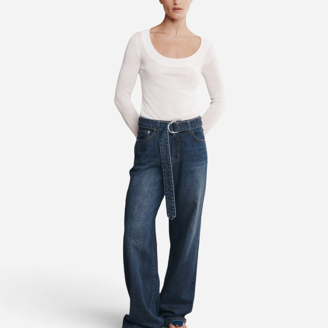 Dark Wash Belted Wide Leg Jean Womens Jeans Marle Clothing