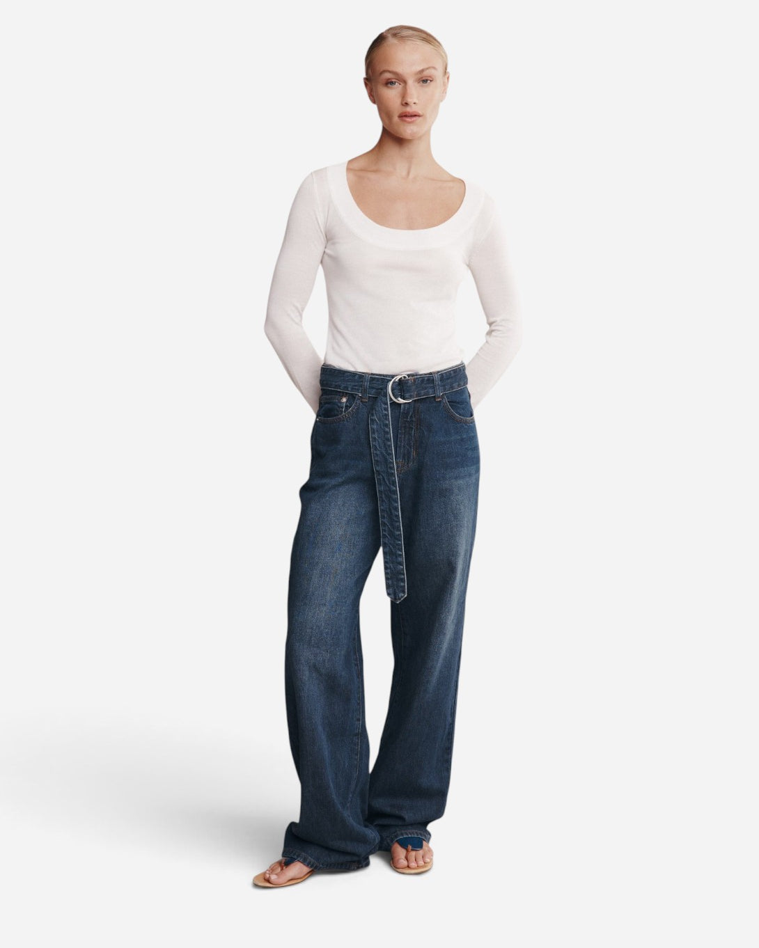 Dark Wash Belted Wide Leg Jean Womens Jeans Marle Clothing