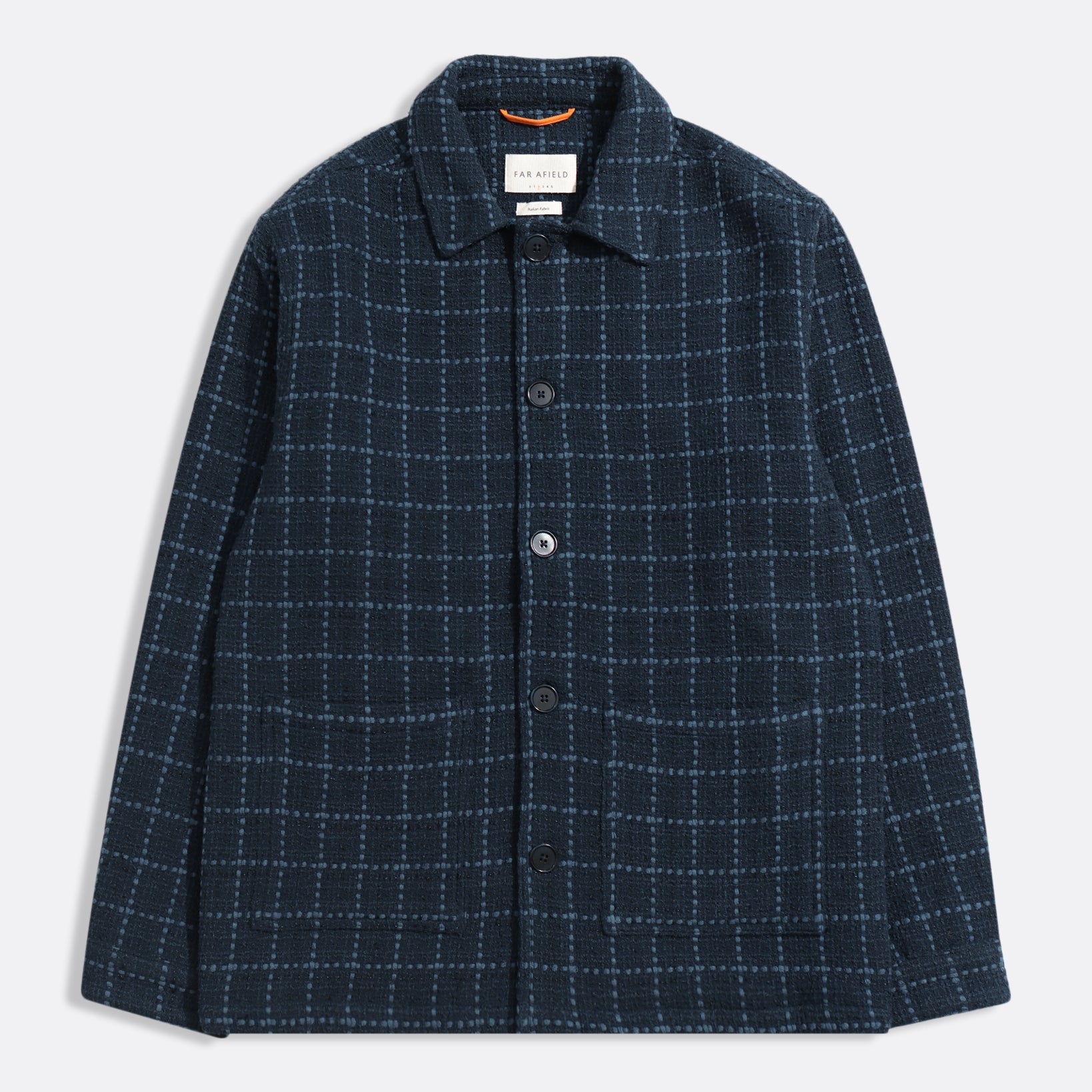 Navy/Blue Bisset Jacket - Windowpane Jacquard Mens Patterned Layering Jacket Button Up Far Afield Mens