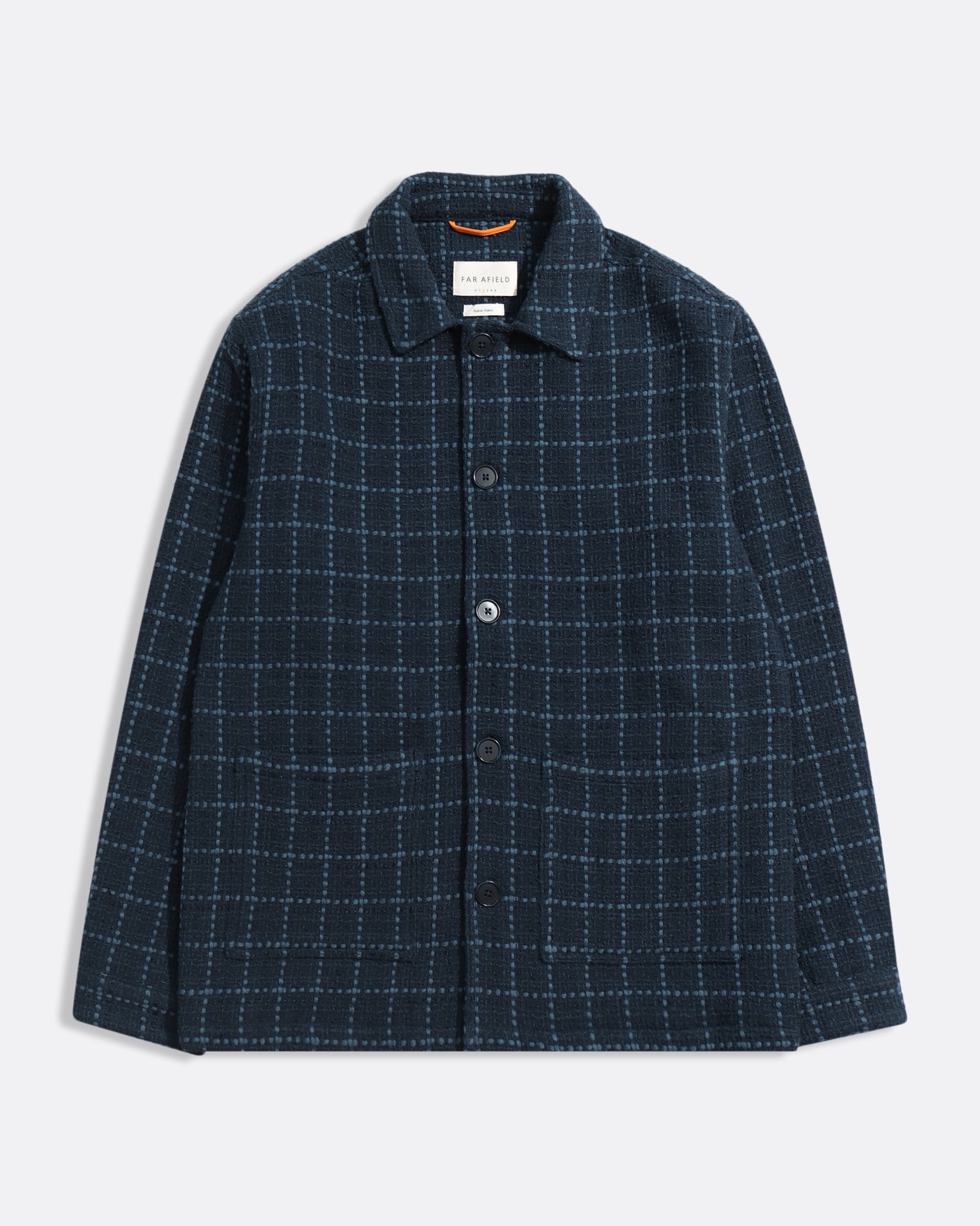 Navy/Blue Bisset Jacket - Windowpane Jacquard Mens Patterned Layering Jacket Button Up Far Afield Mens