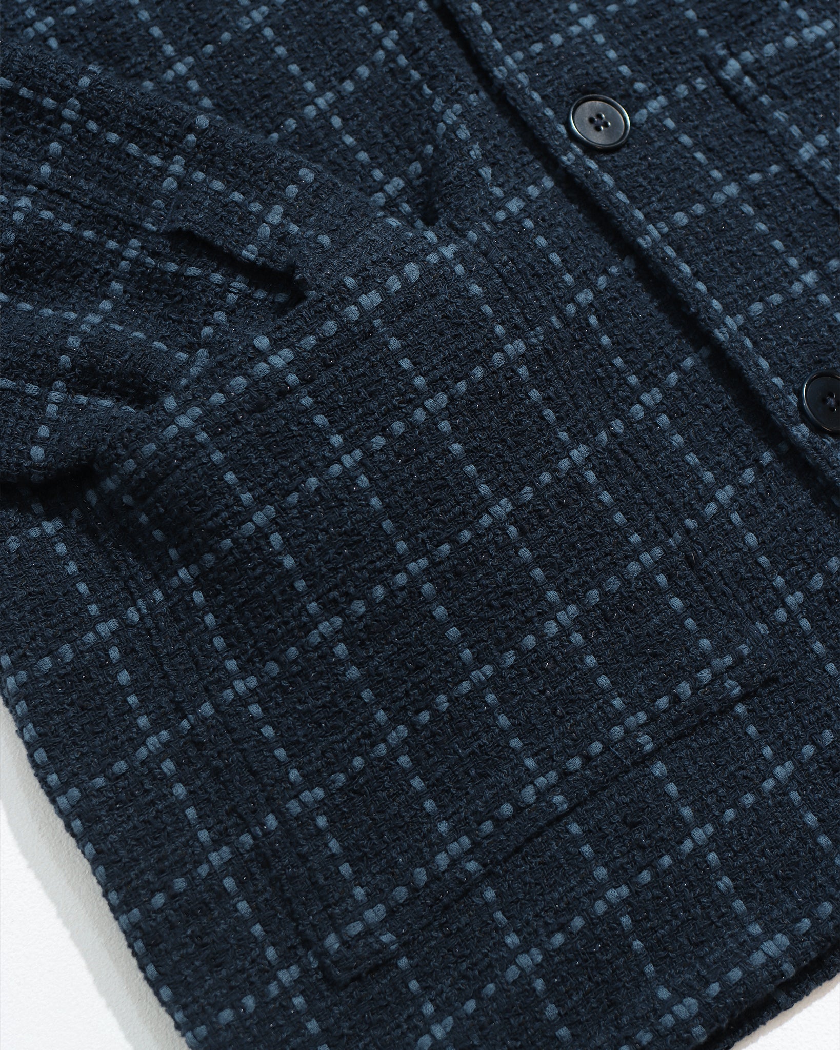 Navy/Blue Bisset Jacket - Windowpane Jacquard Mens Patterned Layering Jacket Button Up Far Afield Mens