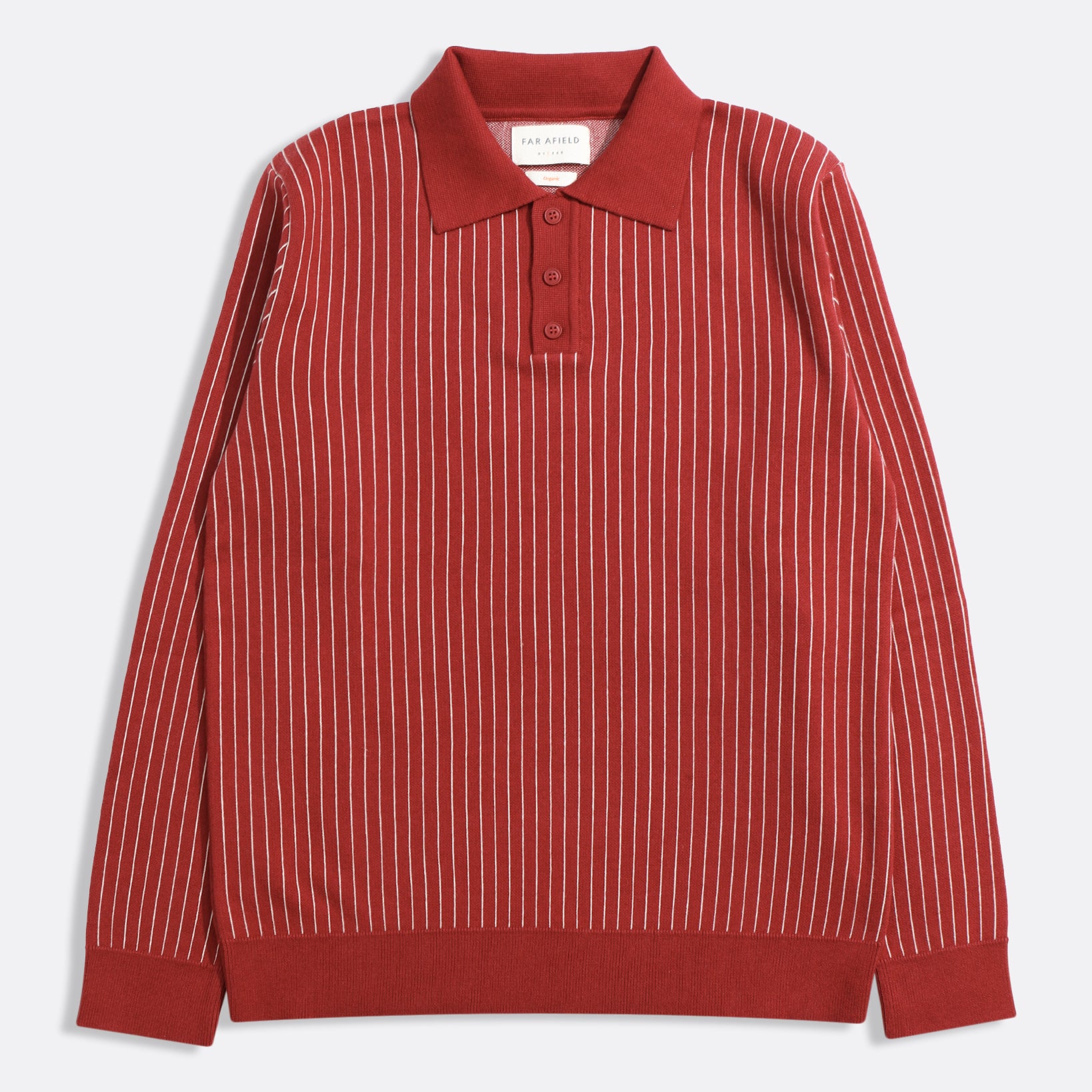 Red/Stone Pinstripe Benny Knitted Polo Mens Far Afield Striped Polo Long Sleeve