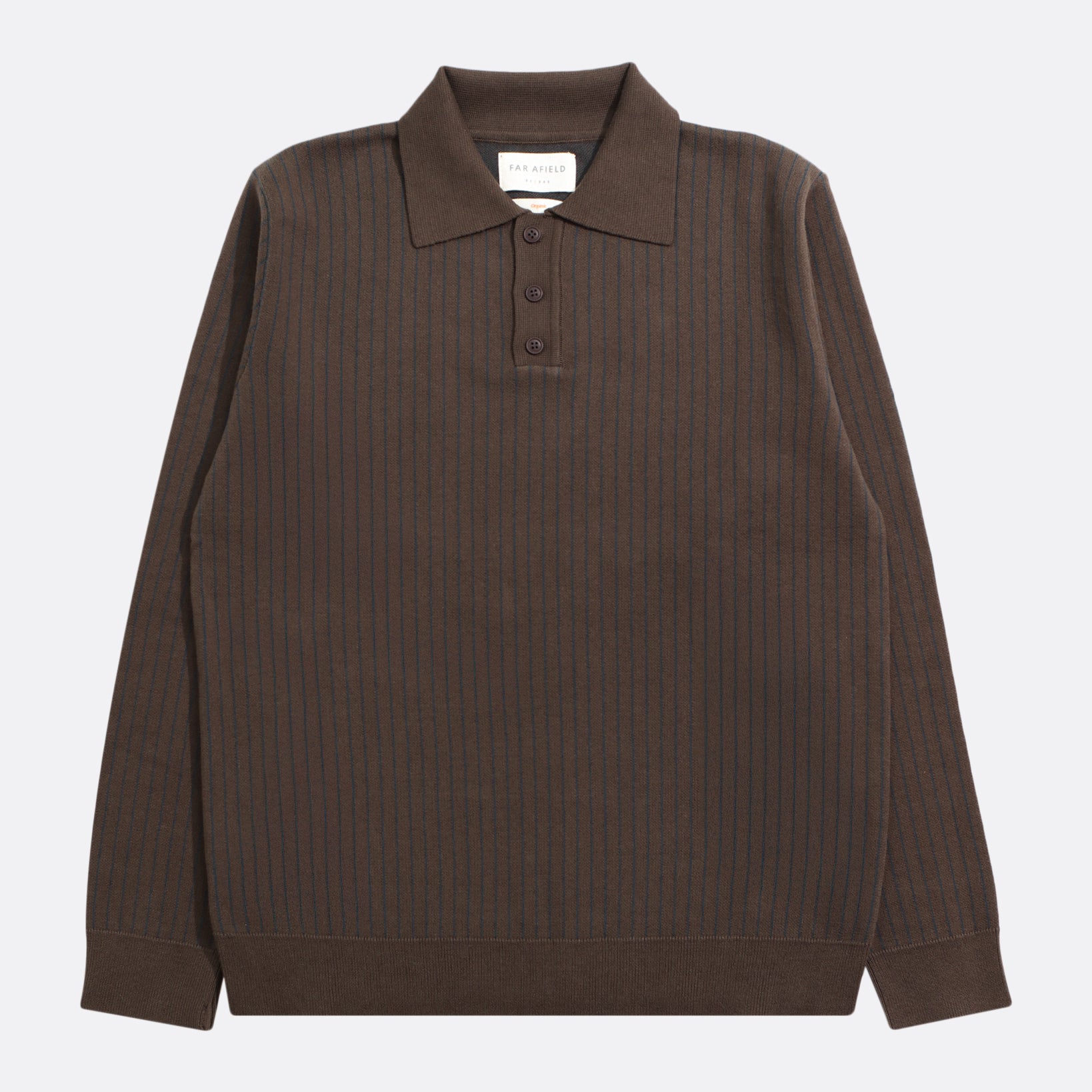 Brown/ Navy Pinstripe Benny Knitted Polo Mens Far Afield Striped Polo Long Sleeve