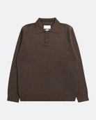 Brown/ Navy Pinstripe Benny Knitted Polo Mens Far Afield Striped Polo Long Sleeve