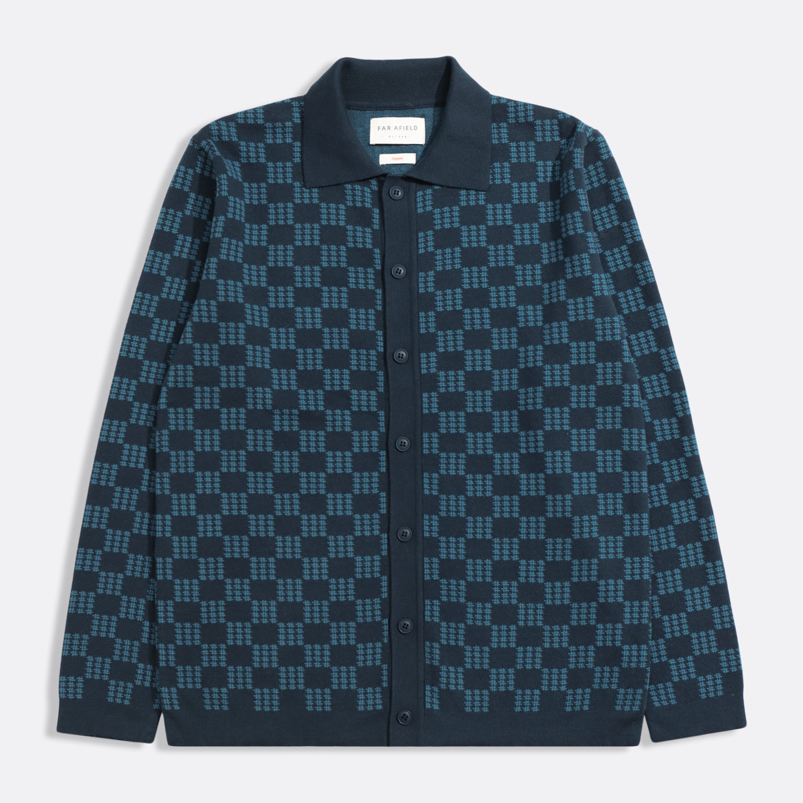 Navy/Blue Zigger Criss Cross Mens Check Pattern Knitted Polo Button Up Shirt Mens Far Afield Shirt