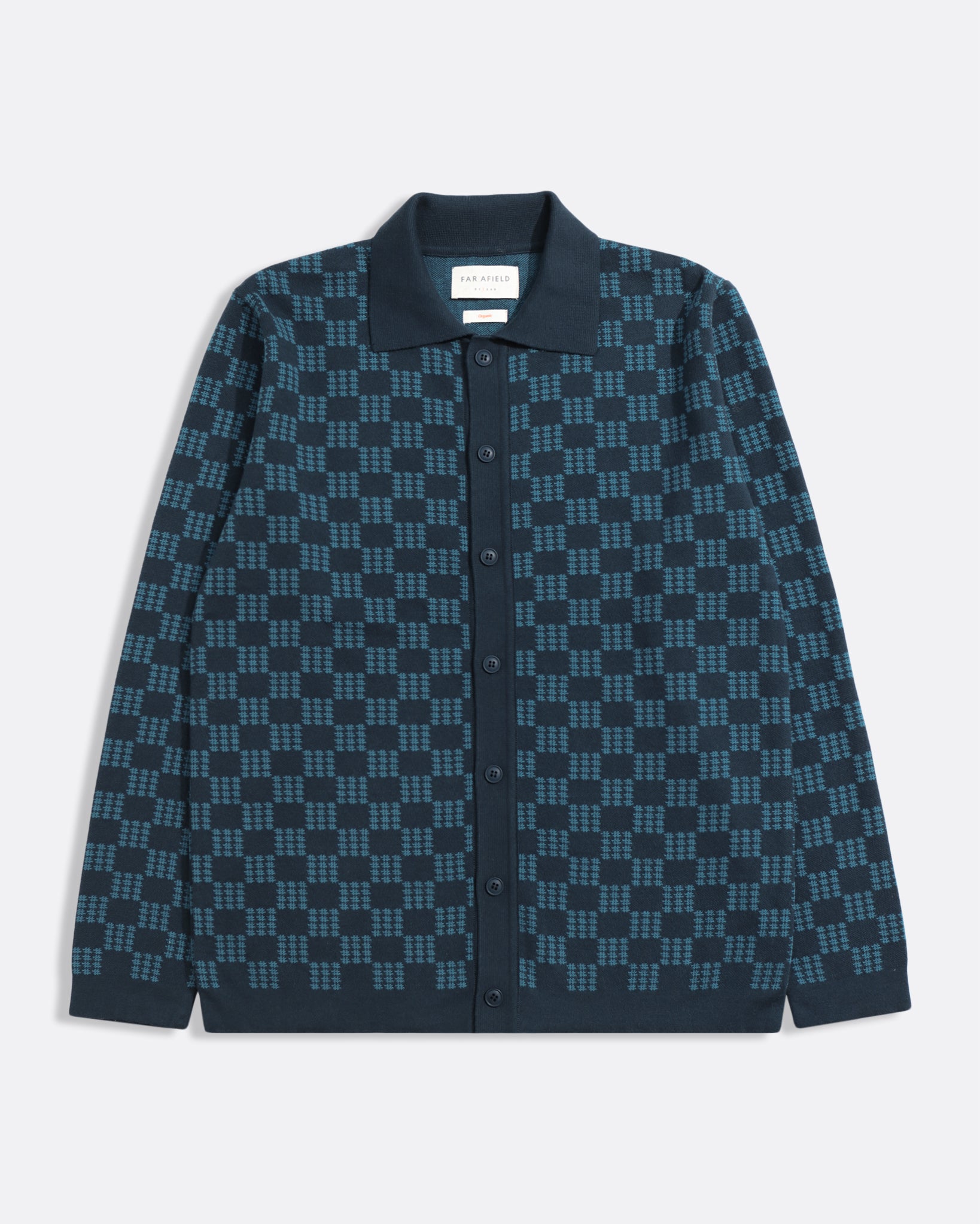 Navy/Blue Zigger Criss Cross Mens Check Pattern Knitted Polo Button Up Shirt Mens Far Afield Shirt
