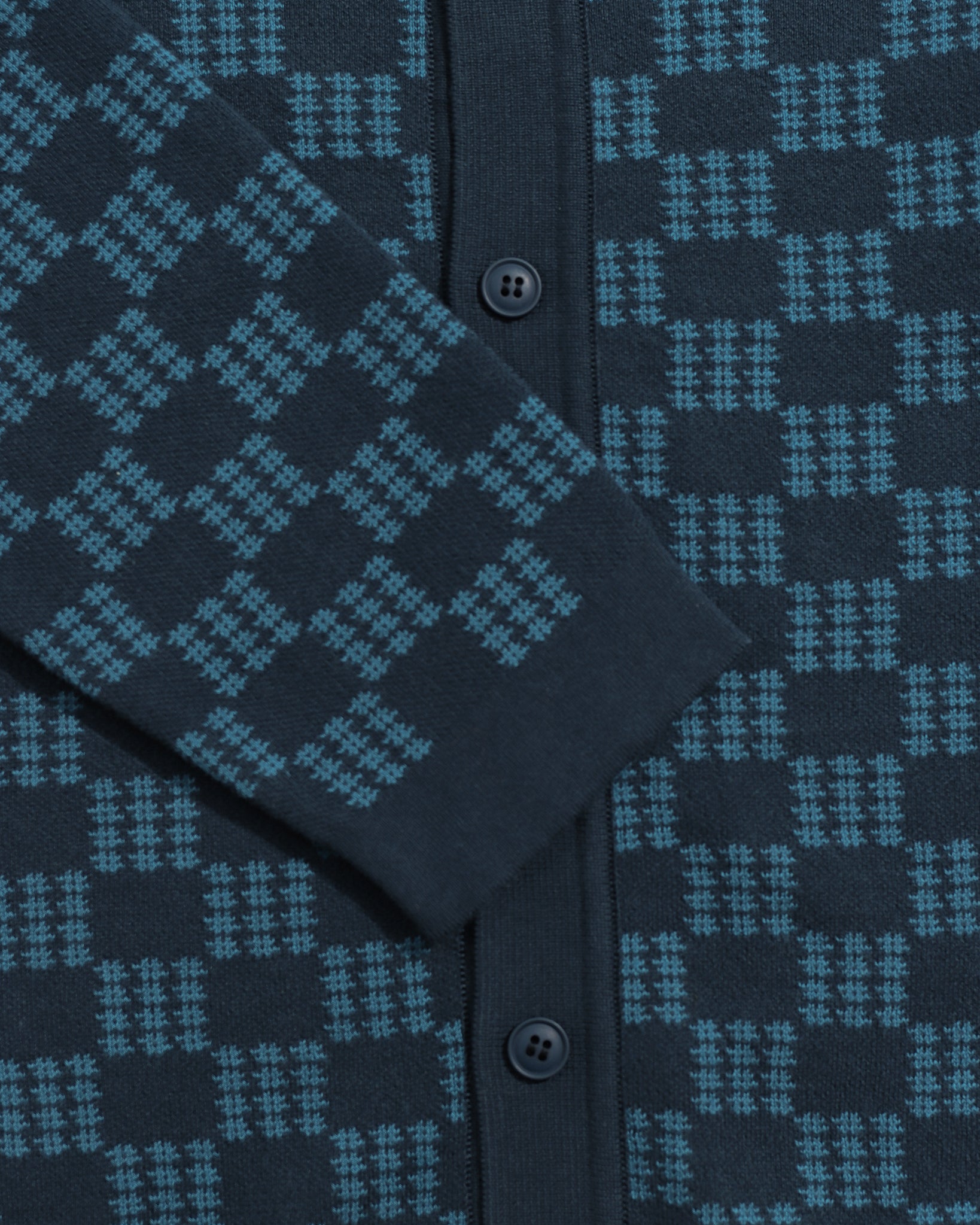 Navy/Blue Zigger Criss Cross Mens Check Pattern Knitted Polo Button Up Shirt Mens Far Afield Shirt