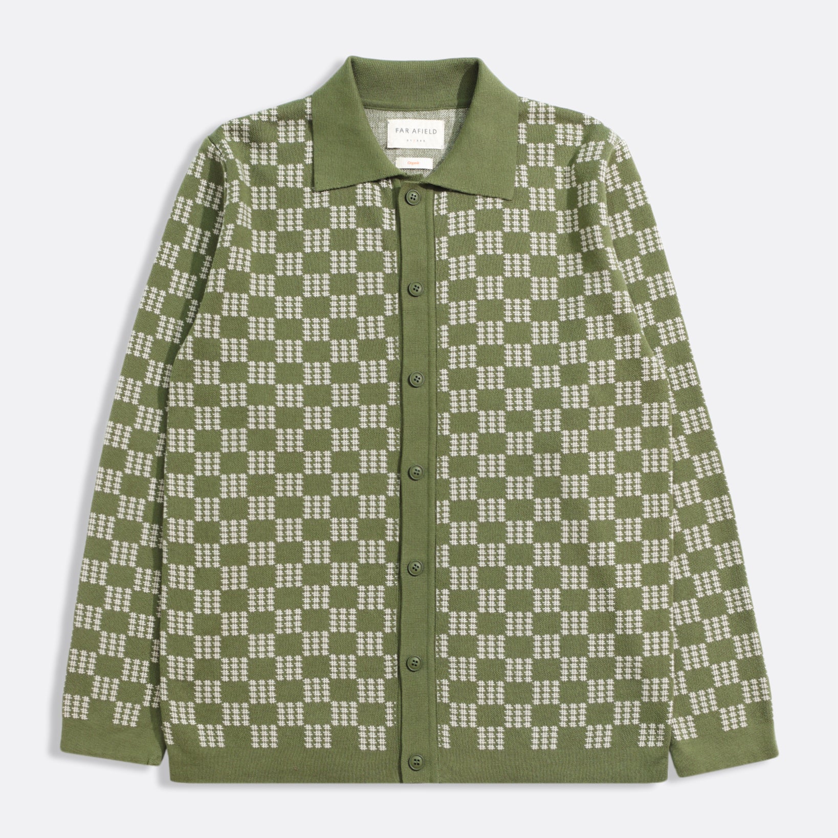 Green/Stone Zigger Criss Cross Mens Check Pattern Knitted Polo Button Up Shirt Mens Far Afield Shirt
