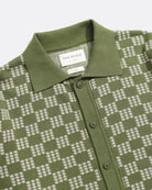 Green/Stone Zigger Criss Cross Mens Check Pattern Knitted Polo Button Up Shirt Mens Far Afield Shirt