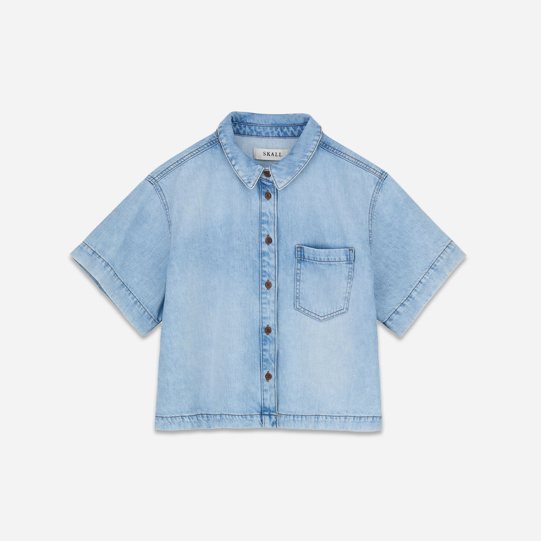 Worn Light Blue Augusta Shirt Womens Denim Collared Button Up Womens Short Sleeve Denim