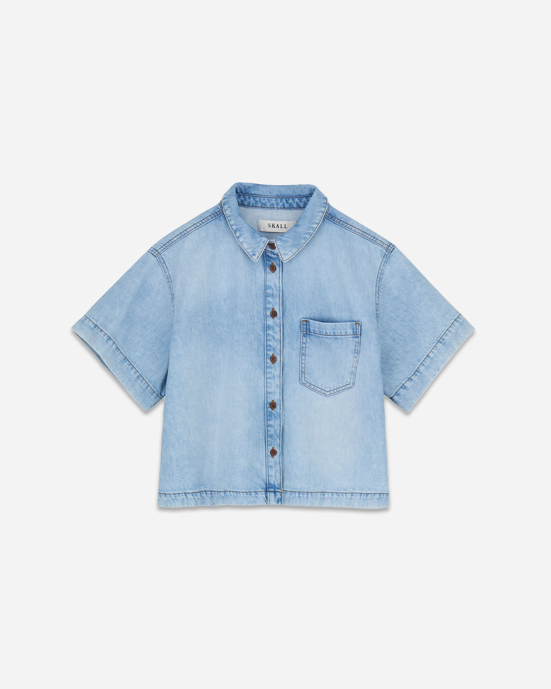 Worn Light Blue Augusta Shirt Womens Denim Collared Button Up Womens Short Sleeve Denim