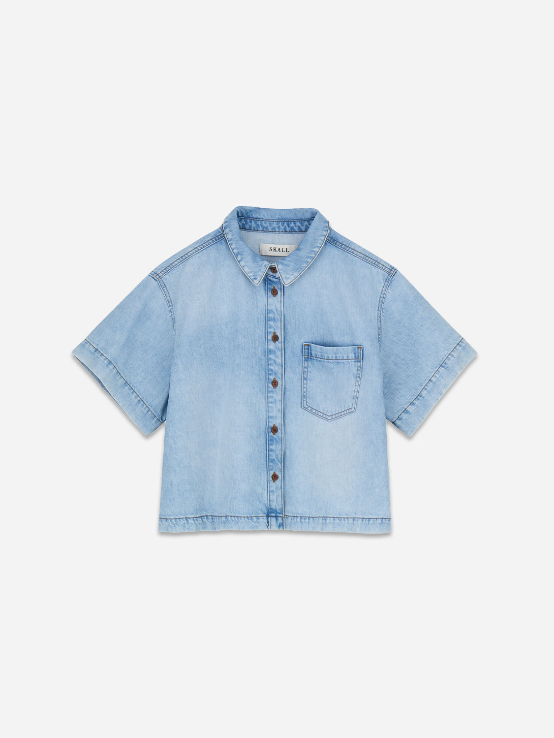 Worn Light Blue Augusta Shirt Womens Denim Collared Button Up Womens Short Sleeve Denim