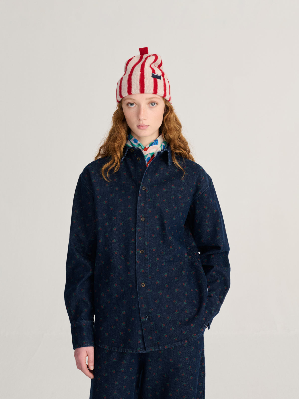 Navy Blue Rose Denim Shirt Womens Woven Button Up Collared Shirt All Over Print Bobo Choses