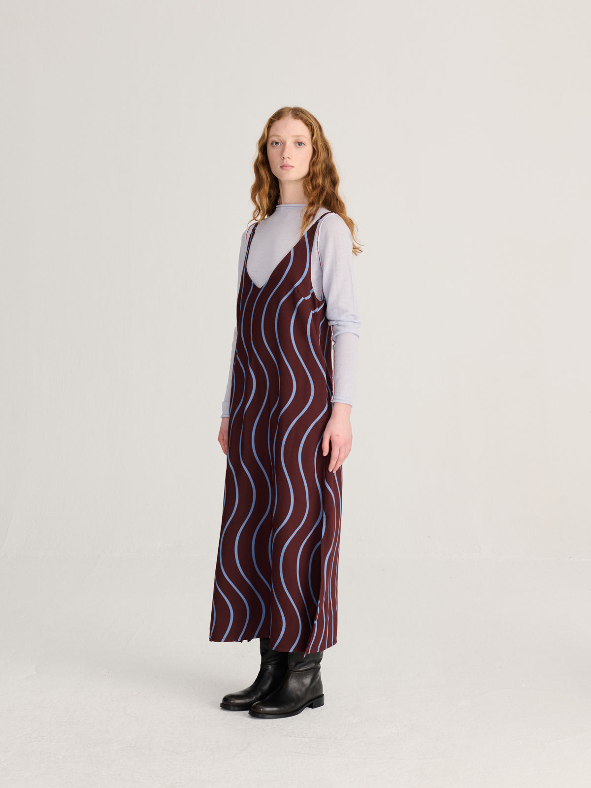 Burgundy Red Wavy Viscose Dress Womens Wavy Shoulder Strap Dress Bobo Choses