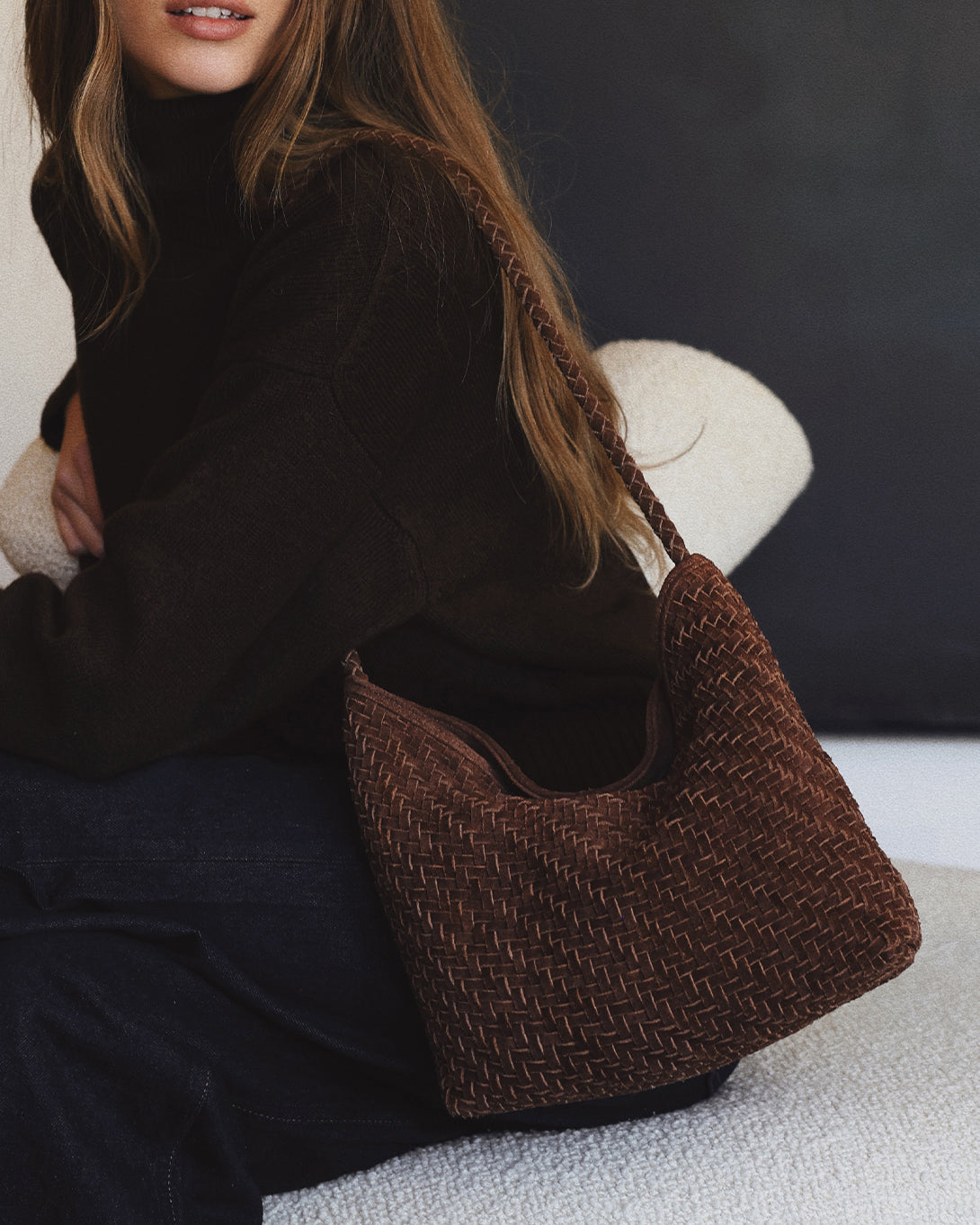 Brown Suede Serena Bag Suede Bembien Small Woven Shoulder tote Bag