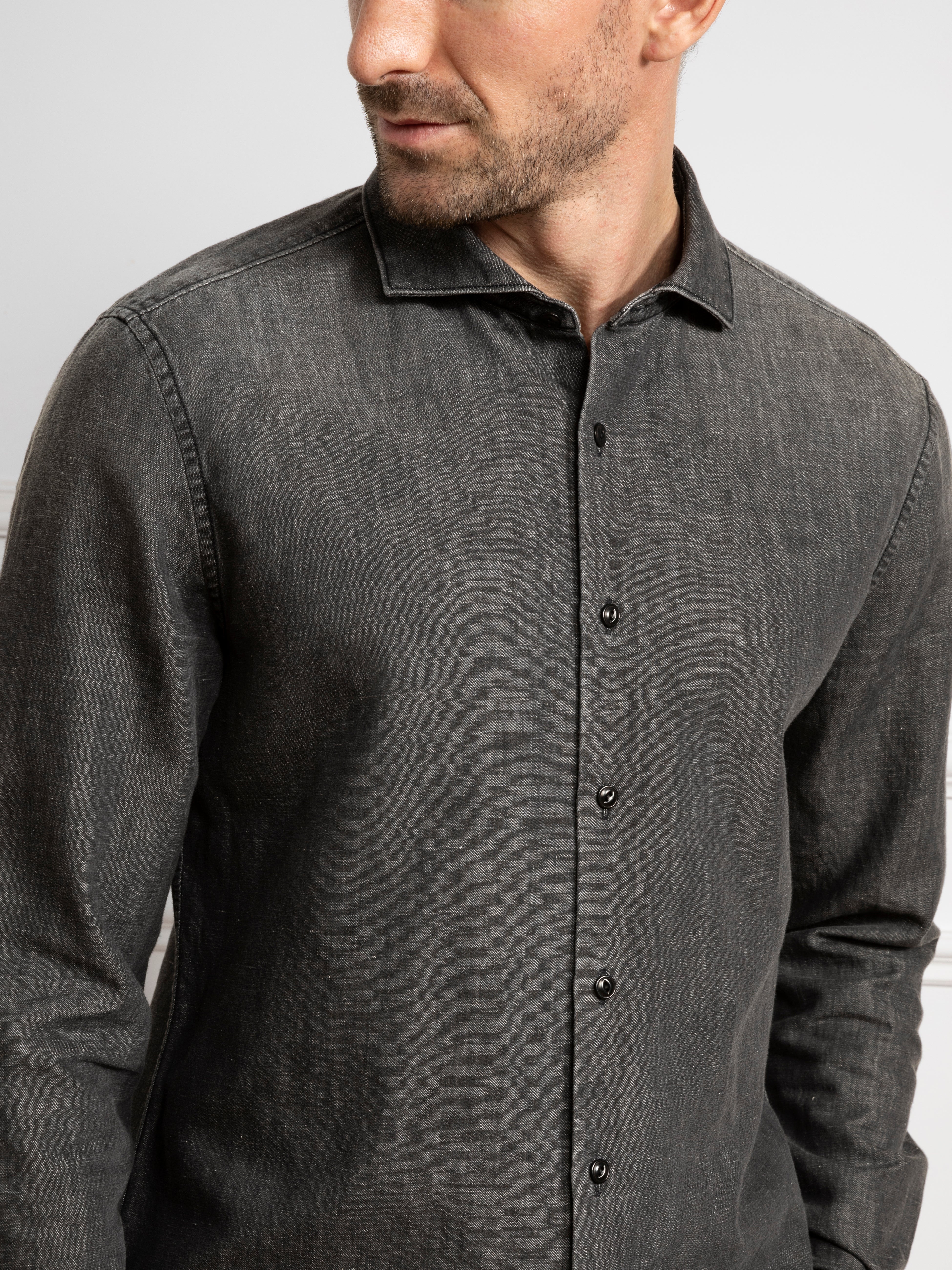 Mid Black Arthur Denim Shirt Mens Cutaway Collar Shirt Mens Button Up Mens Black Shirt
