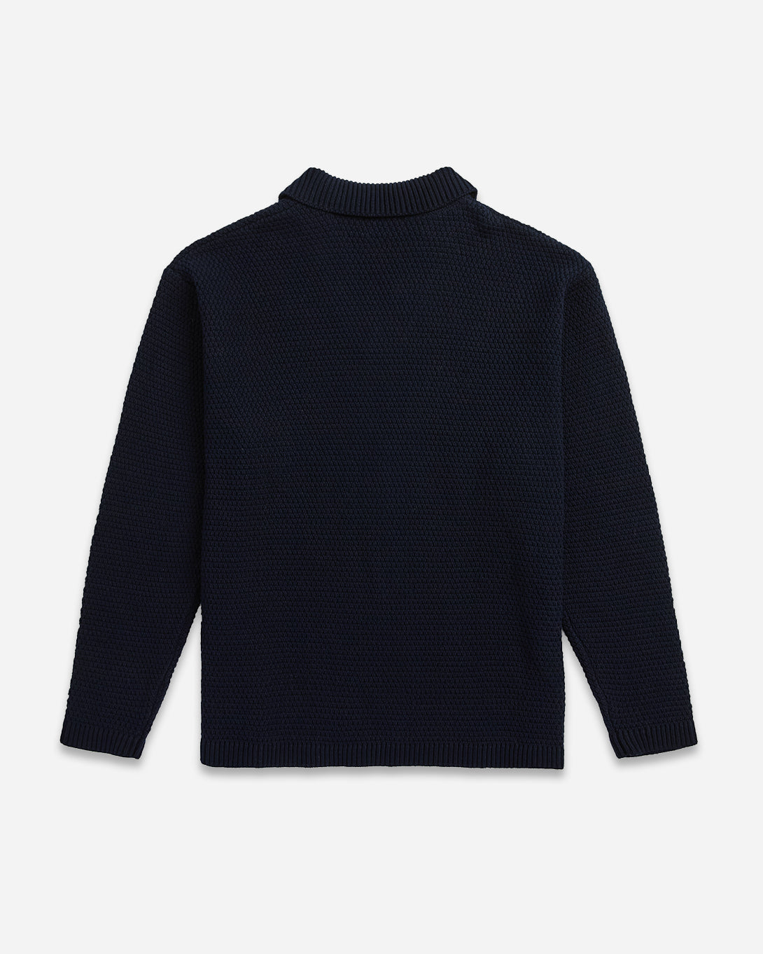 Dark Navy Broken Rib Long Sleeve Polo Mens V Neck Wool Polo Long Sleeve Shirt