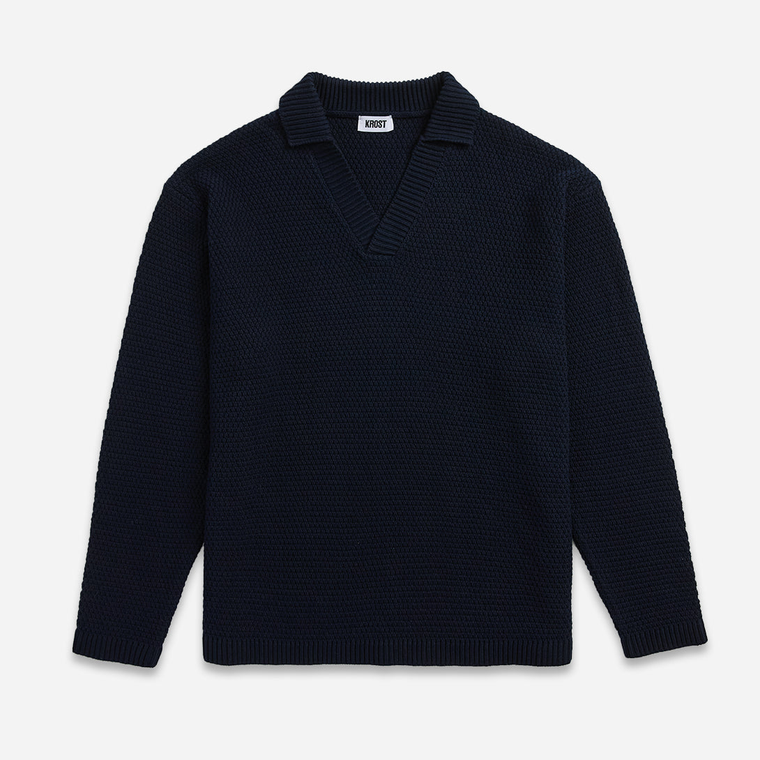 Dark Navy Broken Rib Long Sleeve Polo Mens V Neck Wool Polo Long Sleeve Shirt