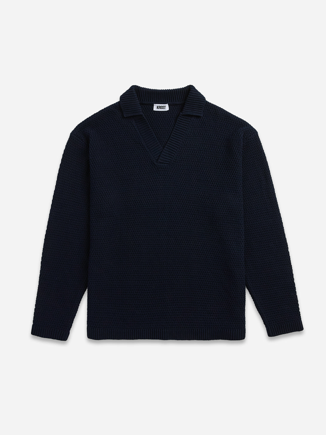 Dark Navy Broken Rib Long Sleeve Polo Mens V Neck Wool Polo Long Sleeve Shirt