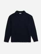 Dark Navy Broken Rib Long Sleeve Polo Mens V Neck Wool Polo Long Sleeve Shirt