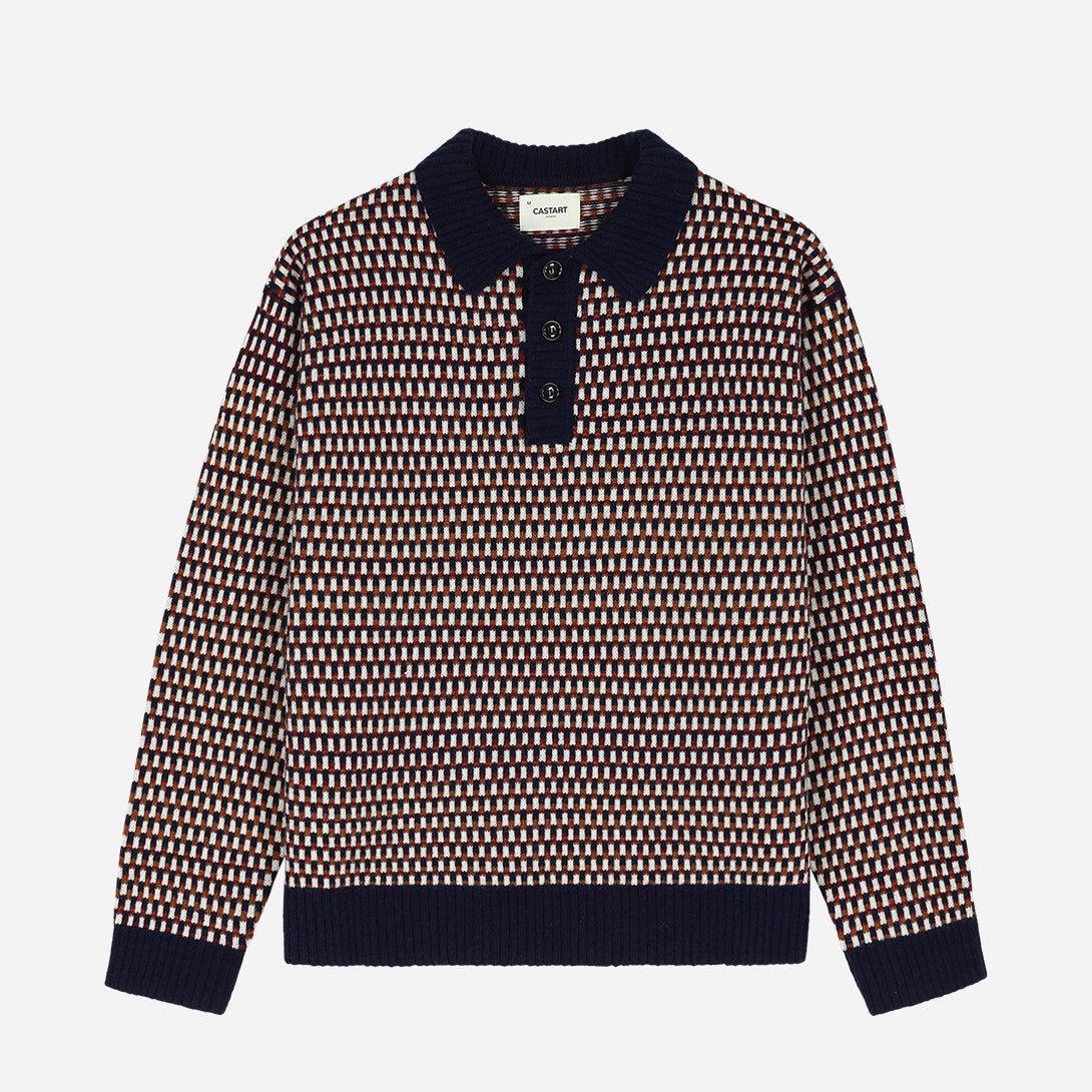 Red Meryon Knitwear Knitted Polo Shirt Collared Lightweight Wool Long Sleeve Rugby Polo