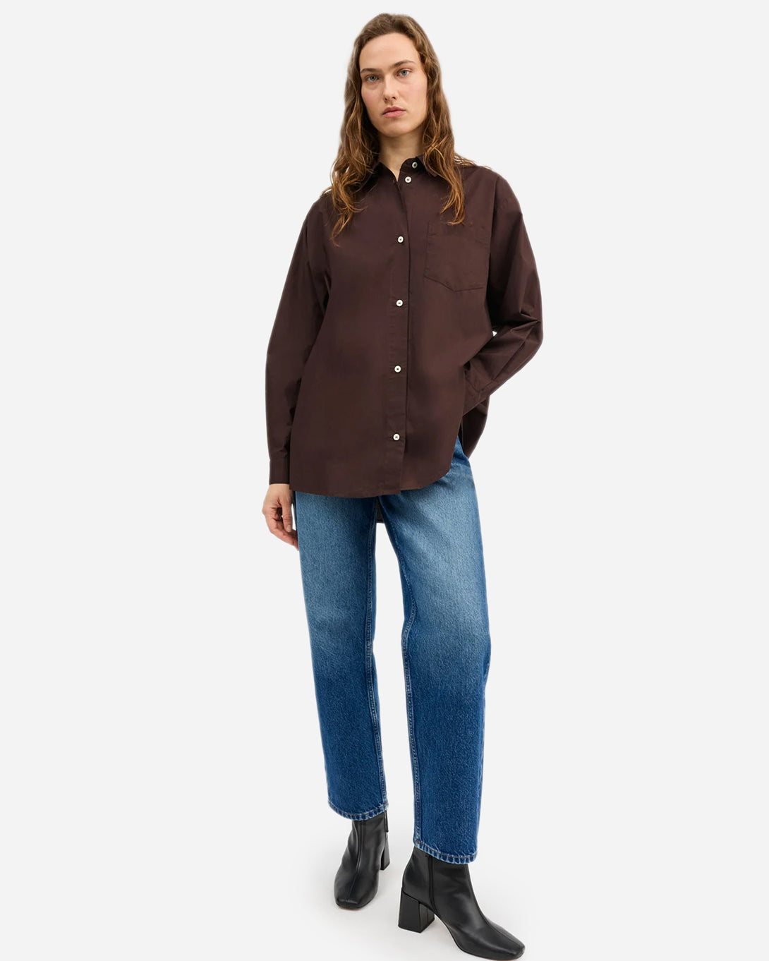 Dark Brown Edgar Shirt Womens Lightweight Relaxed Fit Overshirt Button Up Collared Skall Studio