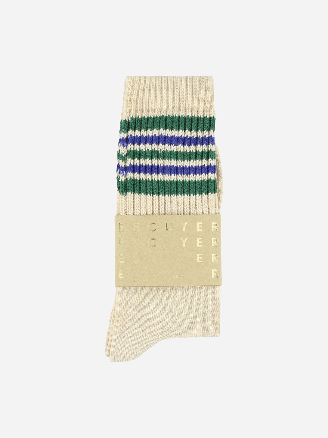 Ecru/Green/Blue 5 Stripes Crew Socks Unisex Long Socks Escuyer