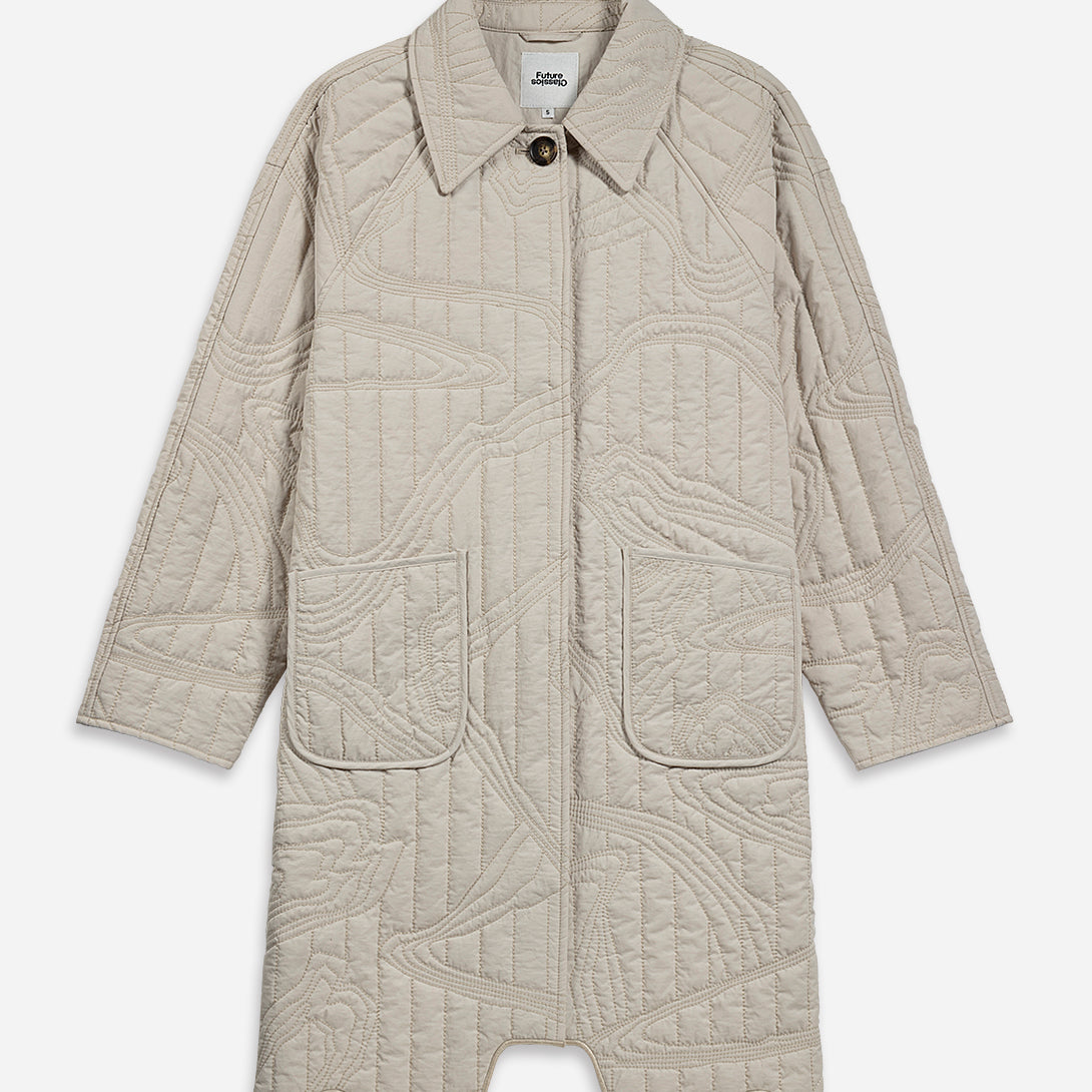 Oatmeal Marble Quilted Coat Womens Long Coat Collared Button Up Outerwear Jacket Womens Patterned Quilted Coat