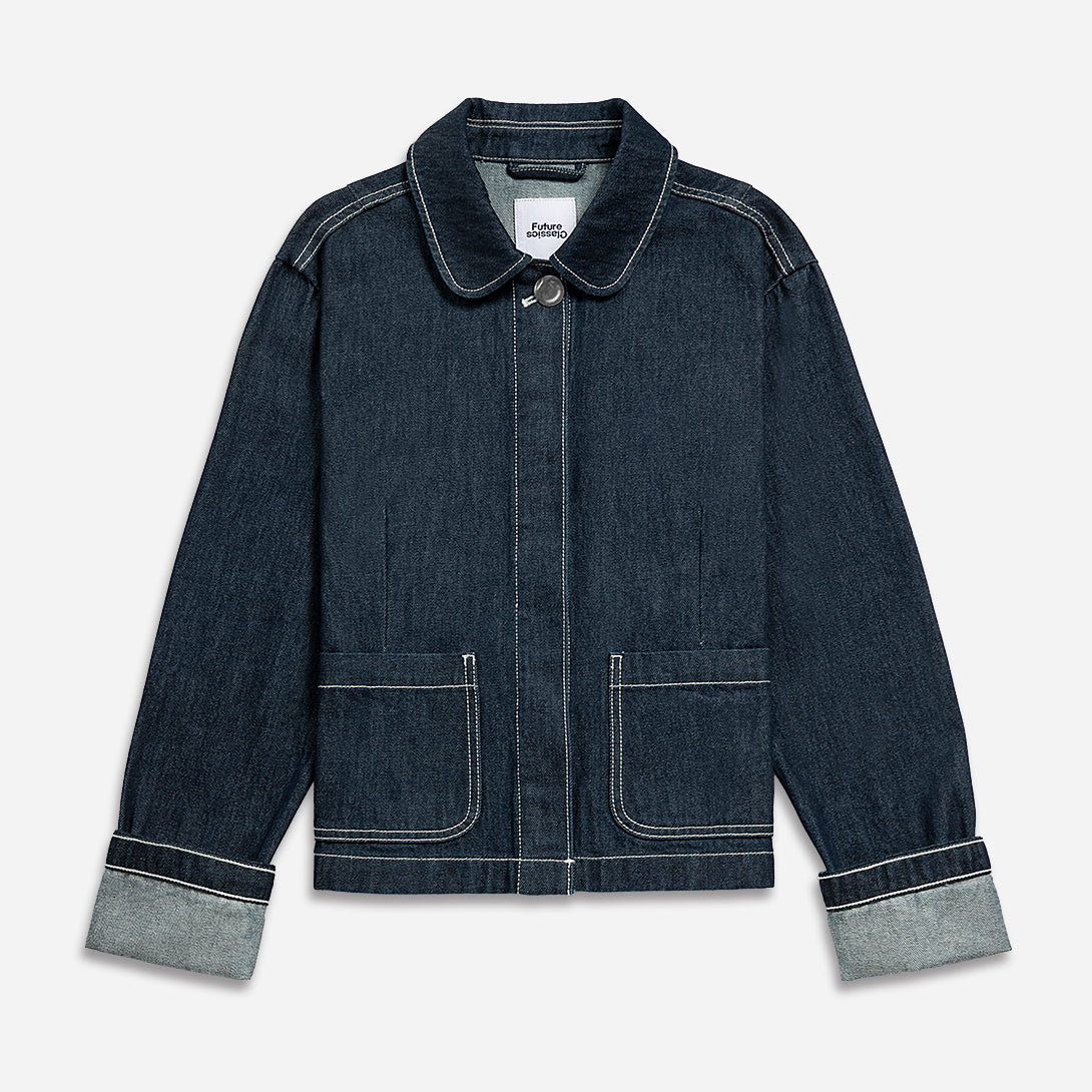 Dk Indigo Cuffed Peter Pan Jacket Womens Denim Jacket Cuffed Sleeve Denim Coat Collared Button Up Denim Outerwear