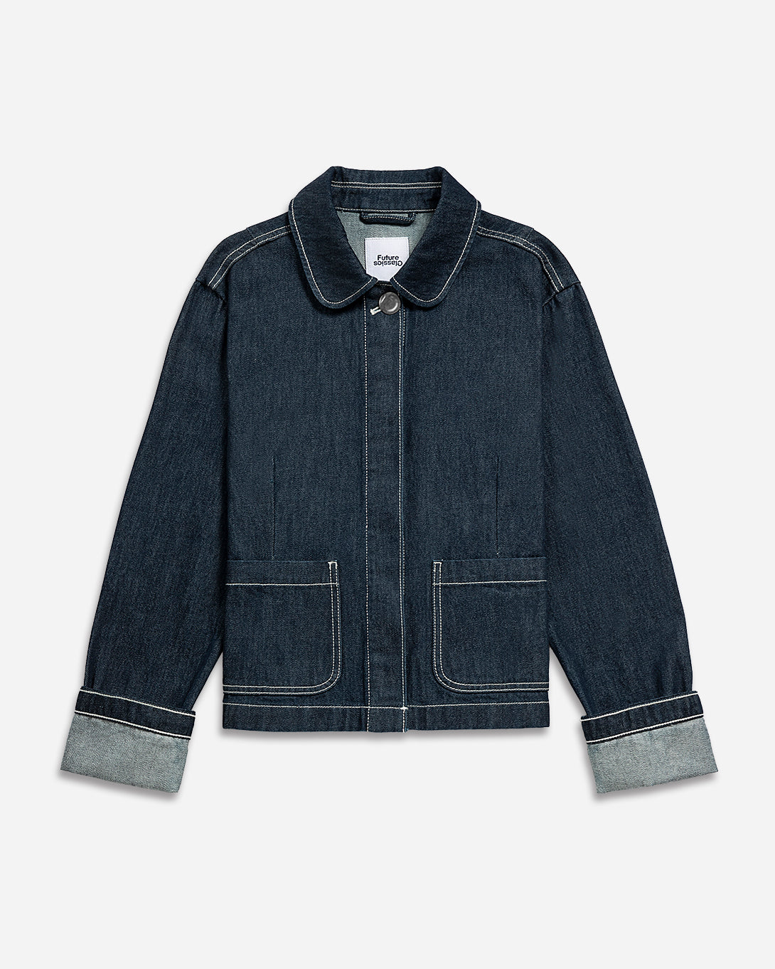 Dk Indigo Cuffed Peter Pan Jacket Womens Denim Jacket Cuffed Sleeve Denim Coat Collared Button Up Denim Outerwear