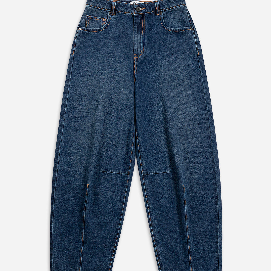 Mid Indigo Structured Barrel Jeans Womens Tapered Fit Jeans Dark Denim Wash Mid Indigo Denim Pants