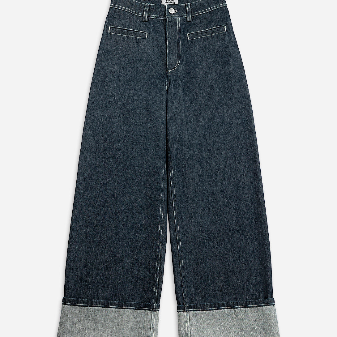 Dk Indigo Womens Wide Leg Relaxed Fit Jeans Cuffed Bottom Jeans Dark Indigo Wash