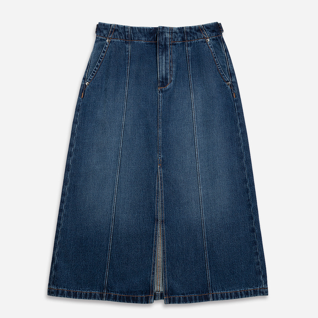 Mid Indigo Panel Denim Skirt Womens Long Skirt Denim Skirt Zip Closure Washed Denim Skirt