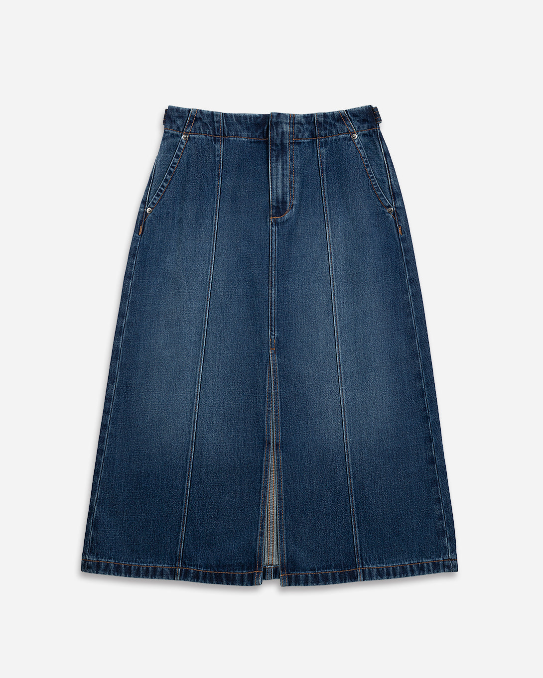 Mid Indigo Panel Denim Skirt Womens Long Skirt Denim Skirt Zip Closure Washed Denim Skirt