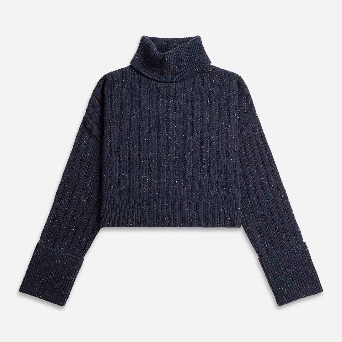 Navy Blazer Heather Cuffed Turtleneck Sweater Womens Cropped Knit Turtleneck Sweater Wool Cashmere Sweater Long Sleeve Pullover