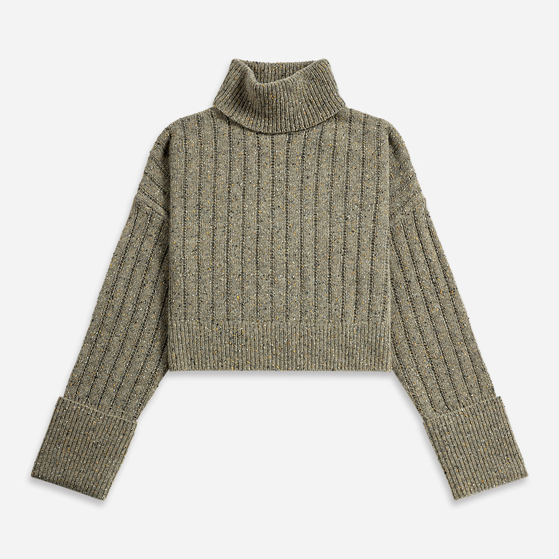 Olive Heather Cuffed Turtleneck Sweater Womens Cropped Knit Turtleneck Sweater Wool Cashmere Sweater Long Sleeve Pullover