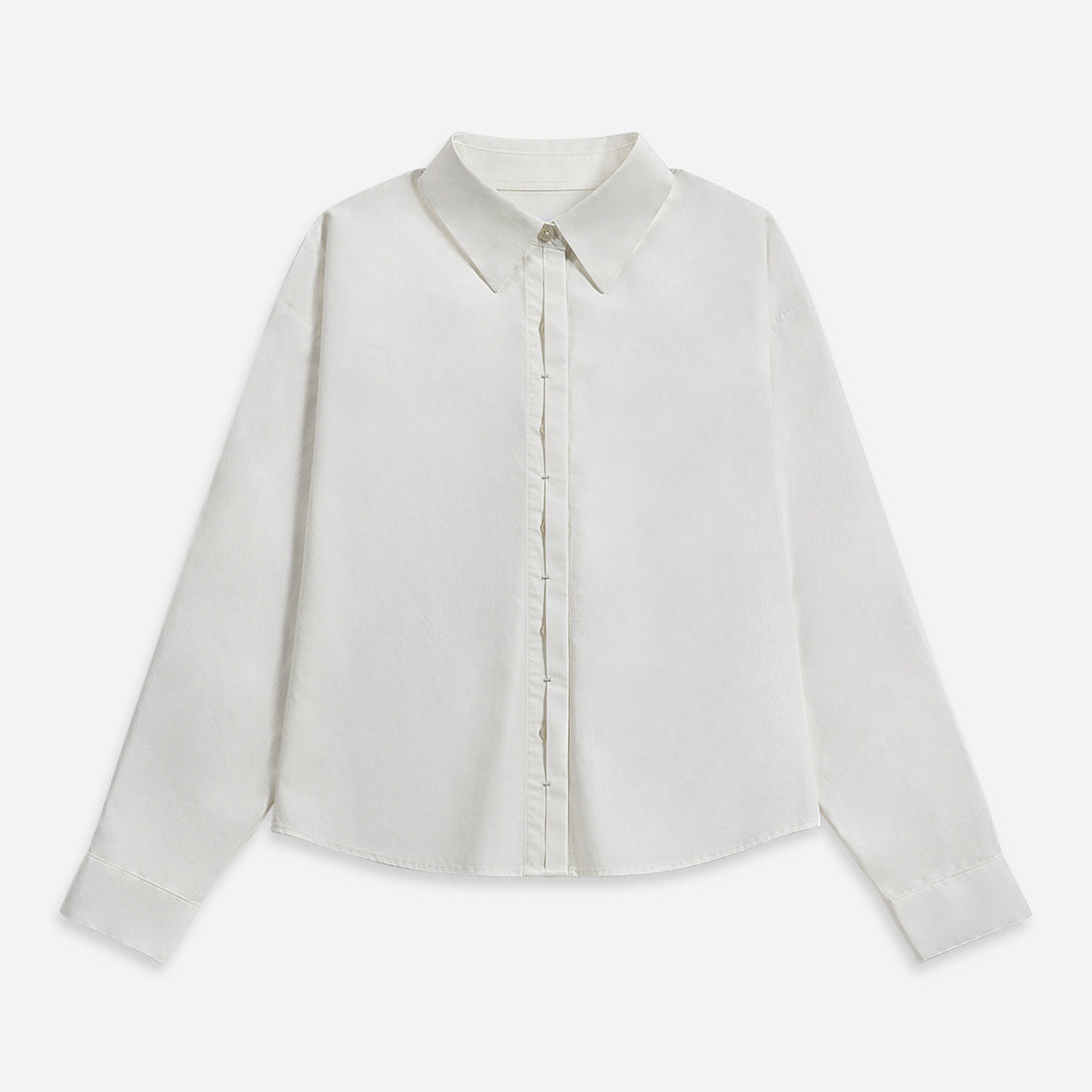 Offwhite Crop Boxy Shirt Womens Button Up Cotton Casual Shirt Long Sleeve Dress Shirt Collared Cropped